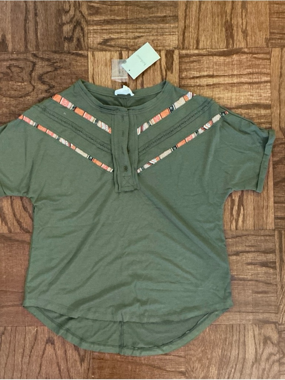 bohme Olive Green Short Sleeve Henley with Patterned Trim
